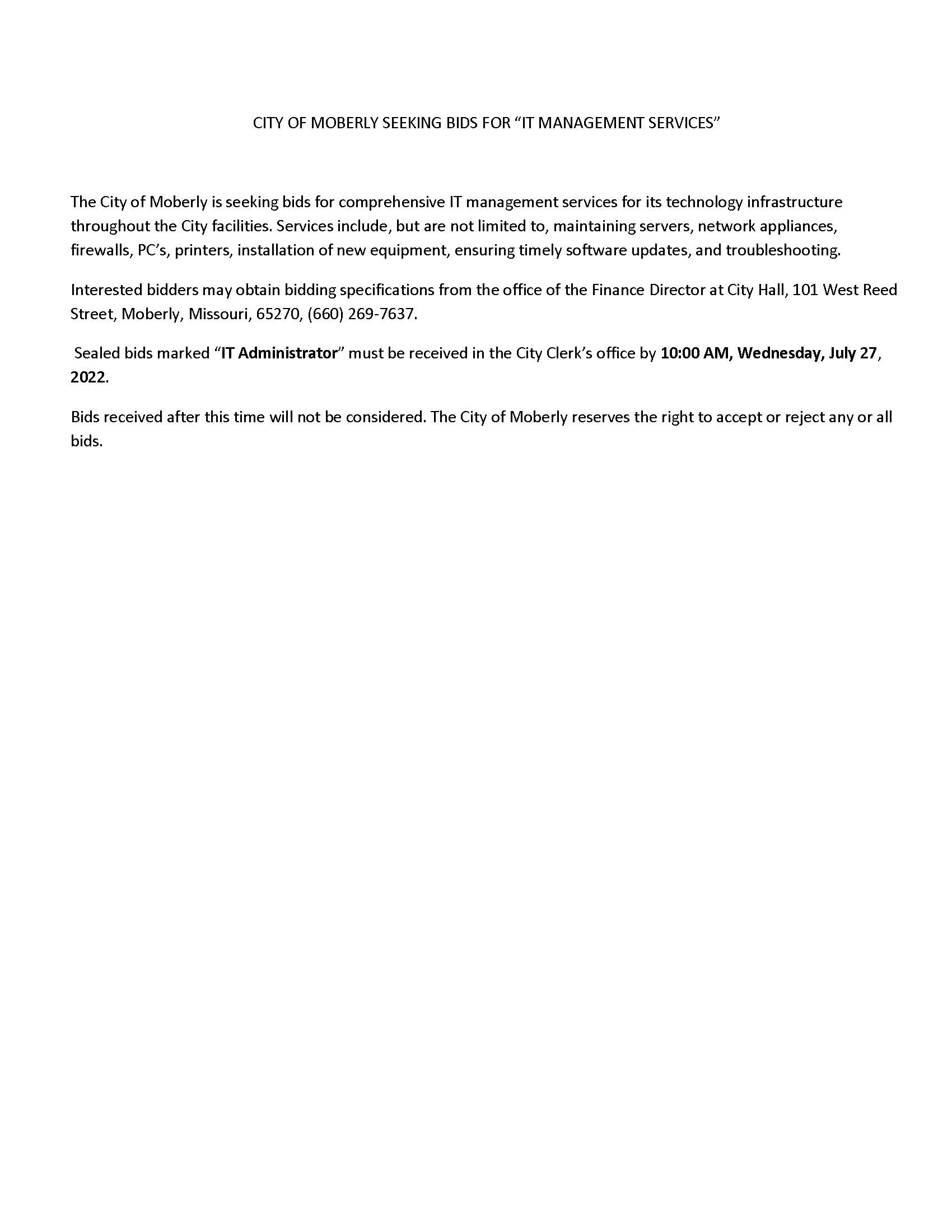 CITY OF MOBERLY SEEKING BIDS FOR IT MANAGEMENT SERVICES